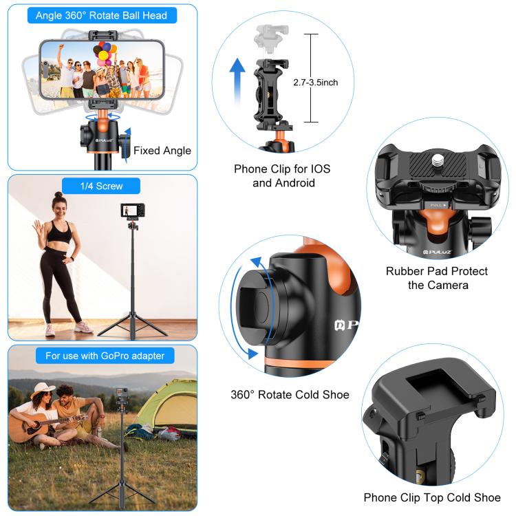 Trípode para selfies con teléfono PULUZ de 1,3 m, soporte para transmisión en vivo de vlogs con clip para teléfono, 1.4m  Phone Tripod