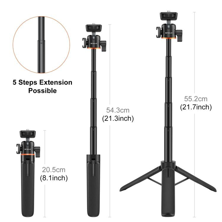 Trípode de extensión para cámara de teléfono mini PULUZ con cabezal esférico de 360 grados y zapata fría para selfies, Phone Camera Tripod