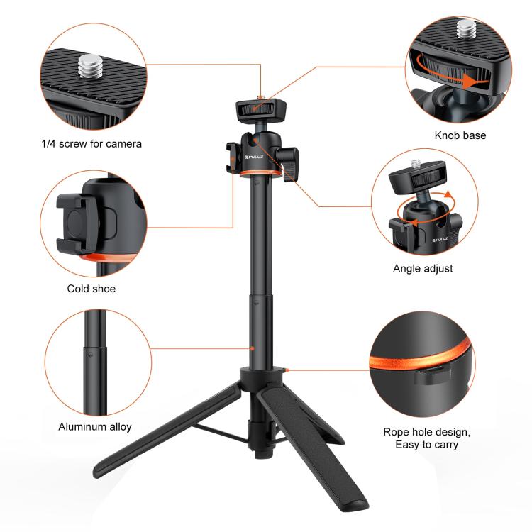 Trípode de extensión para cámara de teléfono mini PULUZ con cabezal esférico de 360 grados y zapata fría para selfies, Phone Camera Tripod