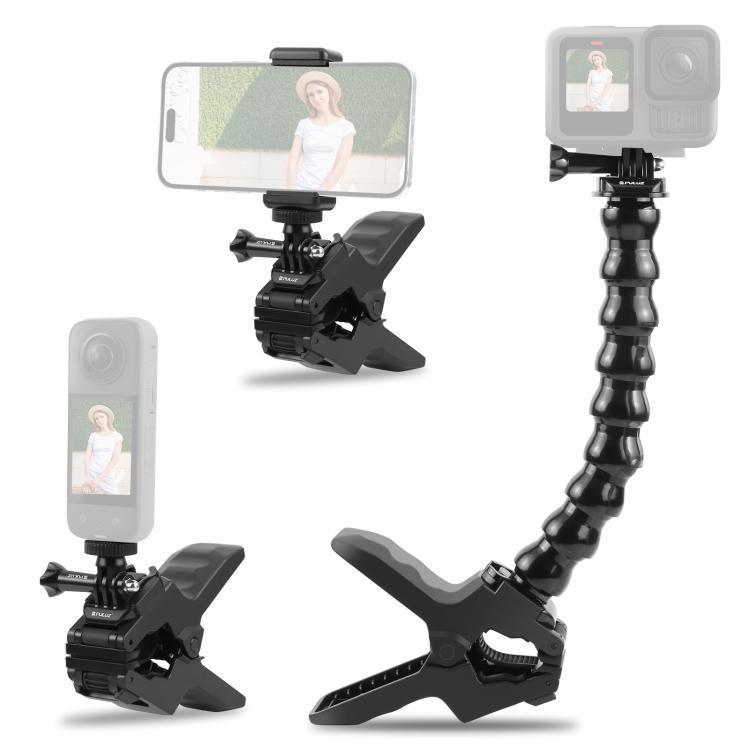 Soporte de abrazadera flexible con mordazas para cámaras deportivas de acción PULUZ con abrazadera para teléfono, Jaws Clamp Mount with Phone Clamp