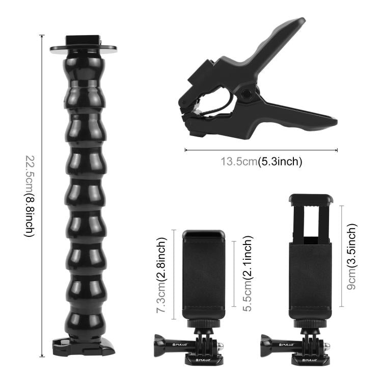 Soporte de abrazadera flexible con mordazas para cámaras deportivas de acción PULUZ con abrazadera para teléfono, Jaws Clamp Mount with Phone Clamp
