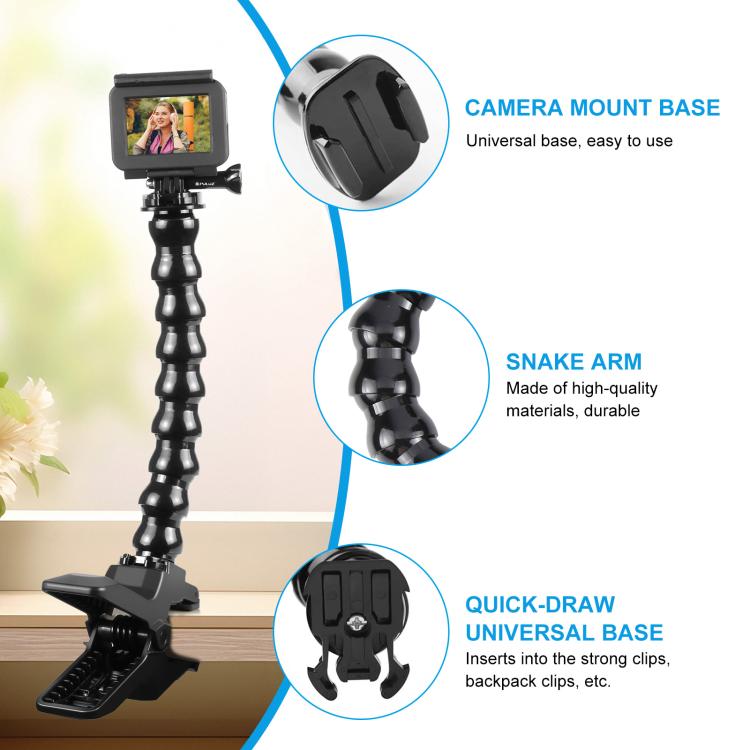 Soporte de abrazadera flexible con mordazas para cámaras deportivas de acción PULUZ con abrazadera para teléfono, Jaws Clamp Mount with Phone Clamp