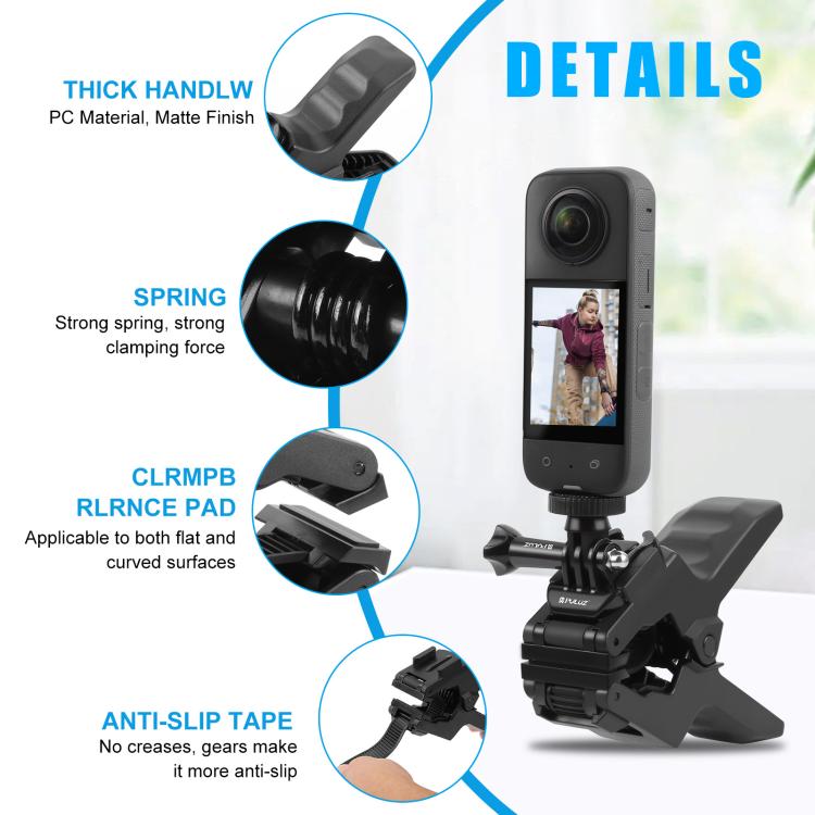Soporte de abrazadera flexible con mordazas para cámaras deportivas de acción PULUZ con abrazadera para teléfono, Jaws Clamp Mount with Phone Clamp