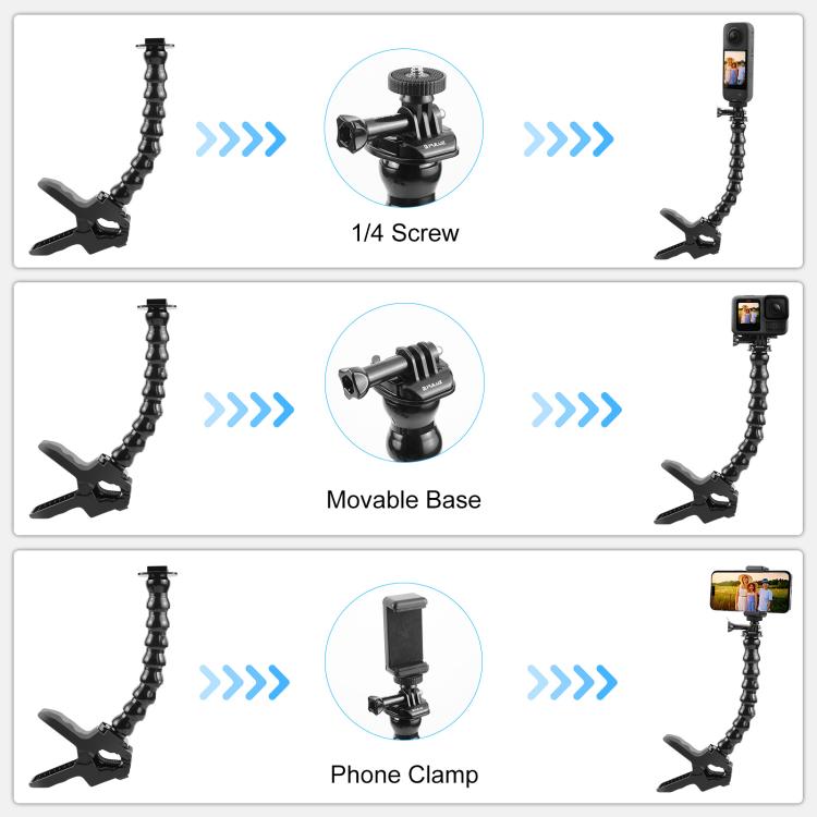 Soporte de abrazadera flexible con mordazas para cámaras deportivas de acción PULUZ con abrazadera para teléfono, Jaws Clamp Mount with Phone Clamp