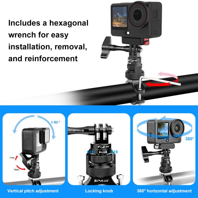Adaptador de manillar de aluminio para motocicleta PULUZ con rotación de 360 grados y tornillo para GoPro, Insta360, DJI y otras cámaras de acción., Handlebar Adapter Mount 3