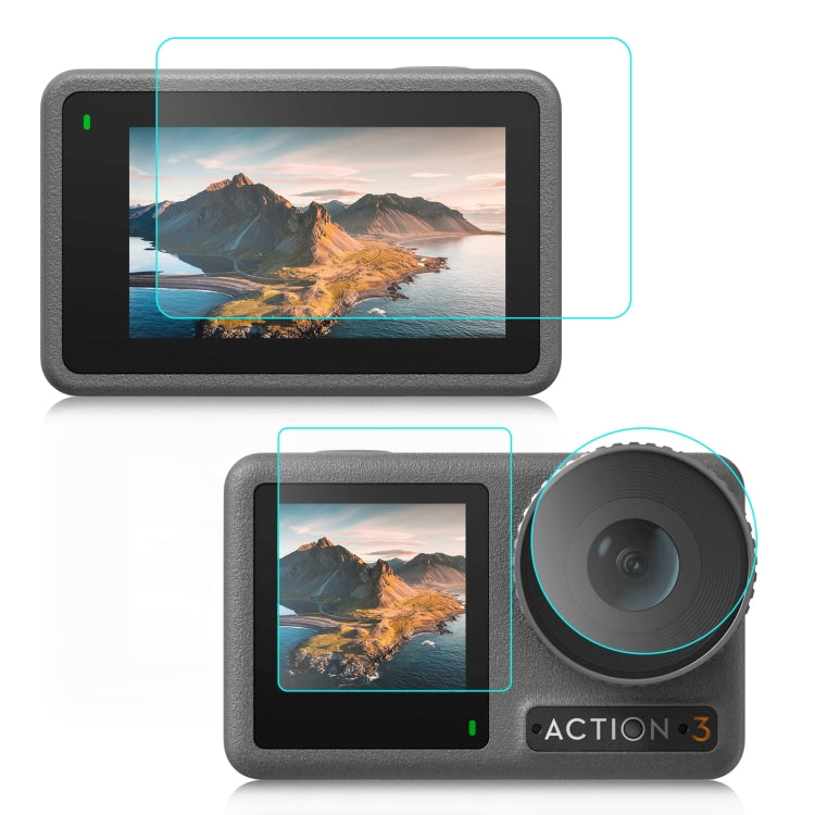 Para DJI Osmo Action 3/4 PULUZ Lente 3 en 1 Pantalla frontal y trasera Vidrio templado Película a prueba de explosiones, For DJI Osmo Action 3