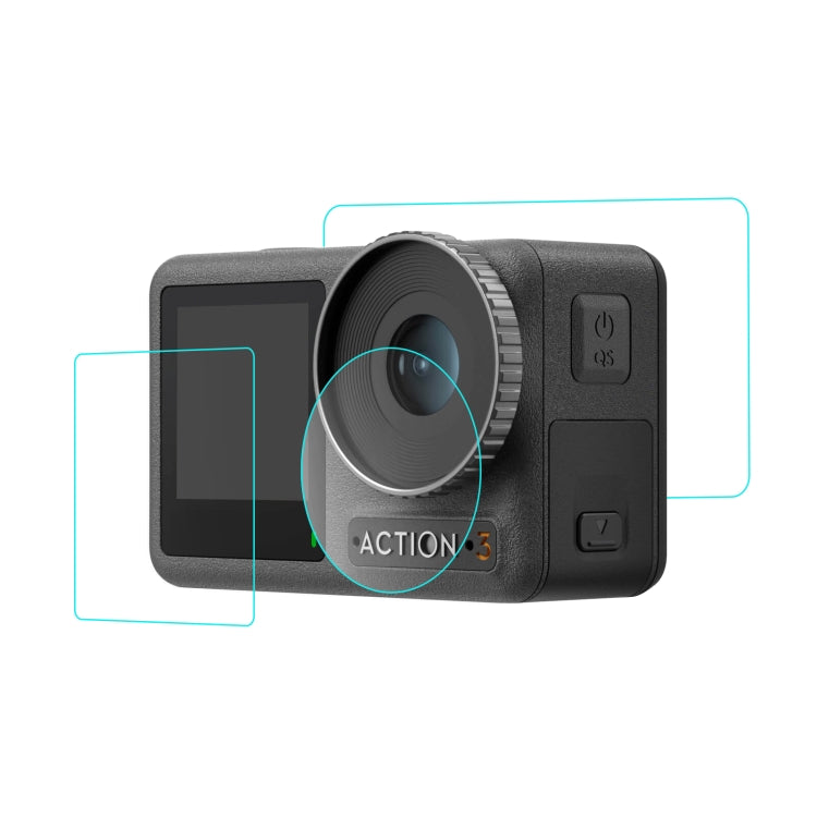 Para DJI Osmo Action 3/4 PULUZ Lente 3 en 1 Pantalla frontal y trasera Vidrio templado Película a prueba de explosiones, For DJI Osmo Action 3
