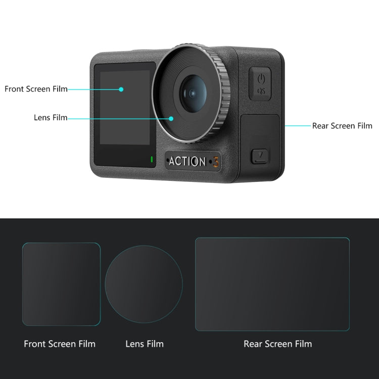 Para DJI Osmo Action 3/4 PULUZ Lente 3 en 1 Pantalla frontal y trasera Vidrio templado Película a prueba de explosiones, For DJI Osmo Action 3
