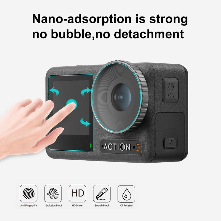 Para DJI Osmo Action 3/4 PULUZ Lente 3 en 1 Pantalla frontal y trasera Vidrio templado Película a prueba de explosiones, For DJI Osmo Action 3