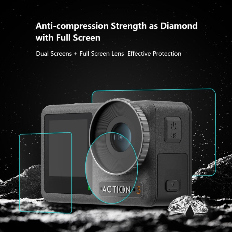 Para DJI Osmo Action 3/4 PULUZ Lente 3 en 1 Pantalla frontal y trasera Vidrio templado Película a prueba de explosiones, For DJI Osmo Action 3