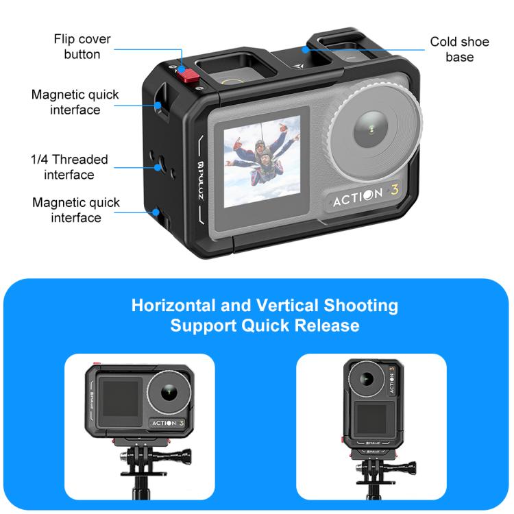 Marco adaptador de expansión de jaula de aleación de aluminio con cubierta de lente para DJI Osmo Action 5 Pro/4/3 PULUZ, For DJI Osmo Action 5 Pro / 4 / 3
