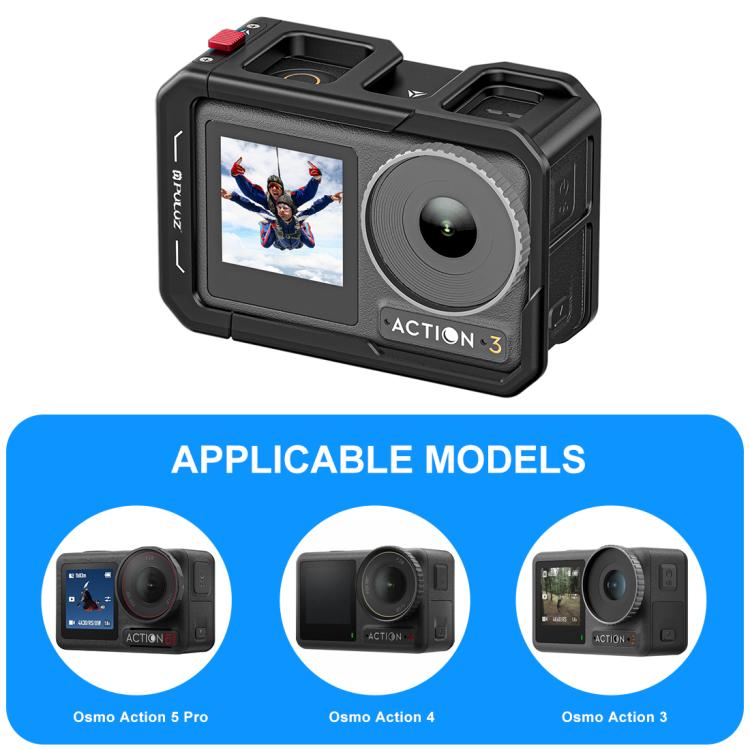 Marco adaptador de expansión de jaula de aleación de aluminio con cubierta de lente para DJI Osmo Action 5 Pro/4/3 PULUZ, For DJI Osmo Action 5 Pro / 4 / 3