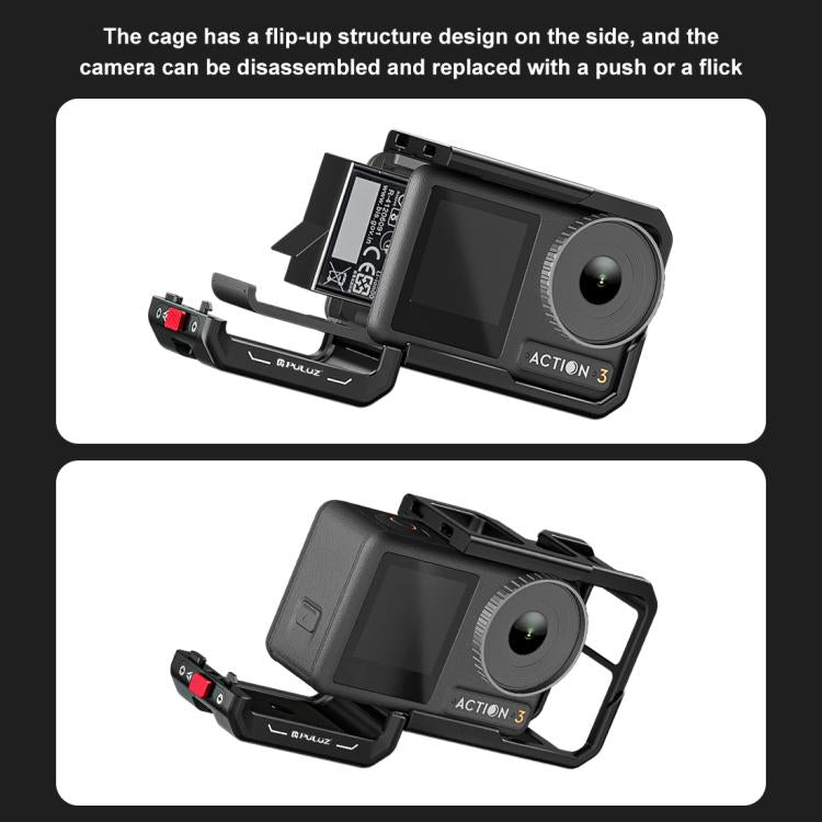 Marco adaptador de expansión de jaula de aleación de aluminio con cubierta de lente para DJI Osmo Action 5 Pro/4/3 PULUZ, For DJI Osmo Action 5 Pro / 4 / 3