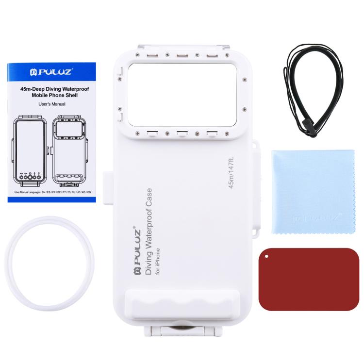 PULUZ Estuche de buceo impermeable de 45 m / 147 pies Cubierta de carcasa subacuática para tomar fotografías y videos para iPhone 14 Series, iPhone 13 Series, iPhone 12 Series, iPhone 11 Series, iPhone X Series, iPhone 8 y 7, iPhone 6s, iOS 13.0 o vers...