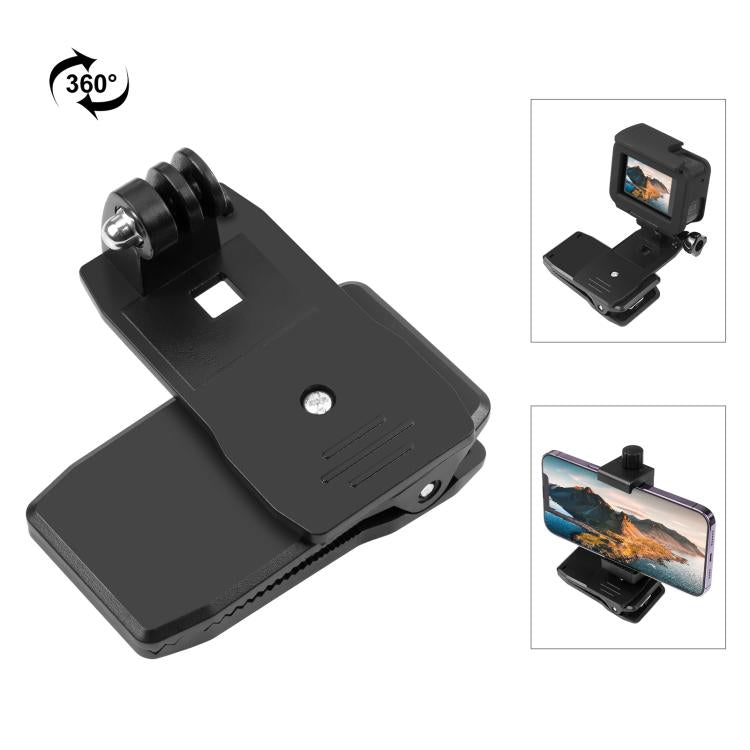 PULUZ 4 en 1 Mochila giratoria de 360 grados Sombrero QR Clip Rec-montajes con kit de abrazadera para teléfono