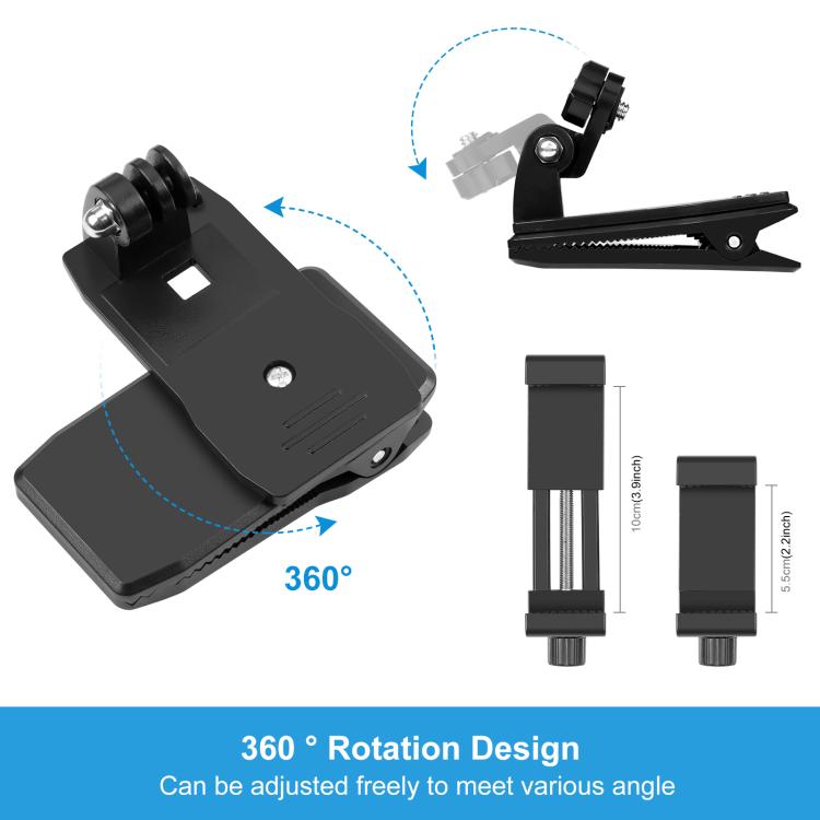 PULUZ 4 en 1 Mochila giratoria de 360 grados Sombrero QR Clip Rec-montajes con kit de abrazadera para teléfono