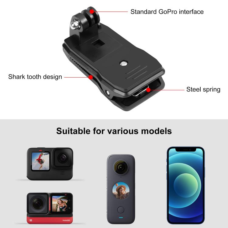PULUZ 4 en 1 Mochila giratoria de 360 grados Sombrero QR Clip Rec-montajes con kit de abrazadera para teléfono