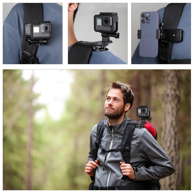 PULUZ 4 en 1 Mochila giratoria de 360 grados Sombrero QR Clip Rec-montajes con kit de abrazadera para teléfono