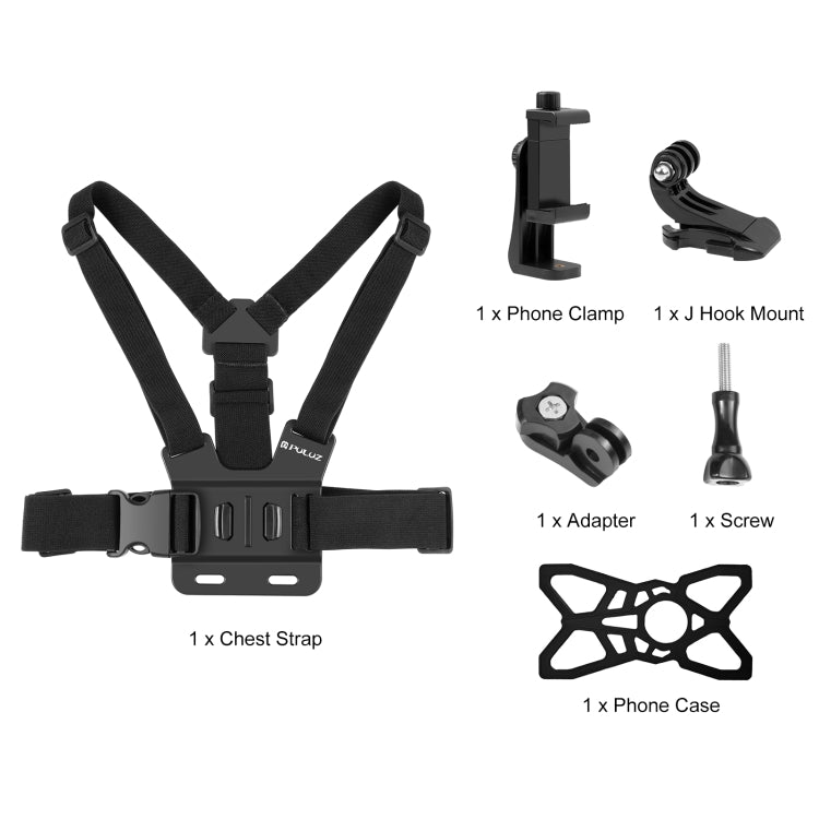 Correa para el pecho con cinturón ajustable para montaje en el cuerpo PULUZ 5 en 1 con abrazadera para teléfono, soporte con gancho en J y kit de tornillos largos