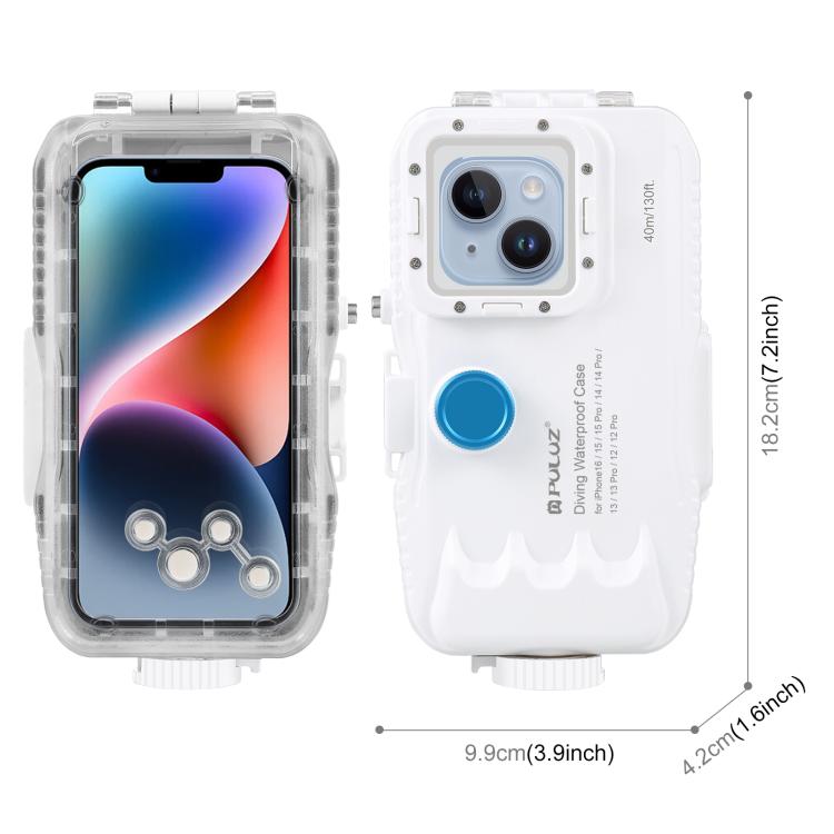 PULUZ Estuche de buceo impermeable de 40 m / 130 pies para iPhone 15 Pro / 14/14 Pro / 13/13 Pro / 12/12 Pro, con válvula unidireccional para tomar fotografías y videos cubierta de carcasa subacuática, For iPhone 16 / 15 / 15 Pro, For iPhone 14 / 14 Pro