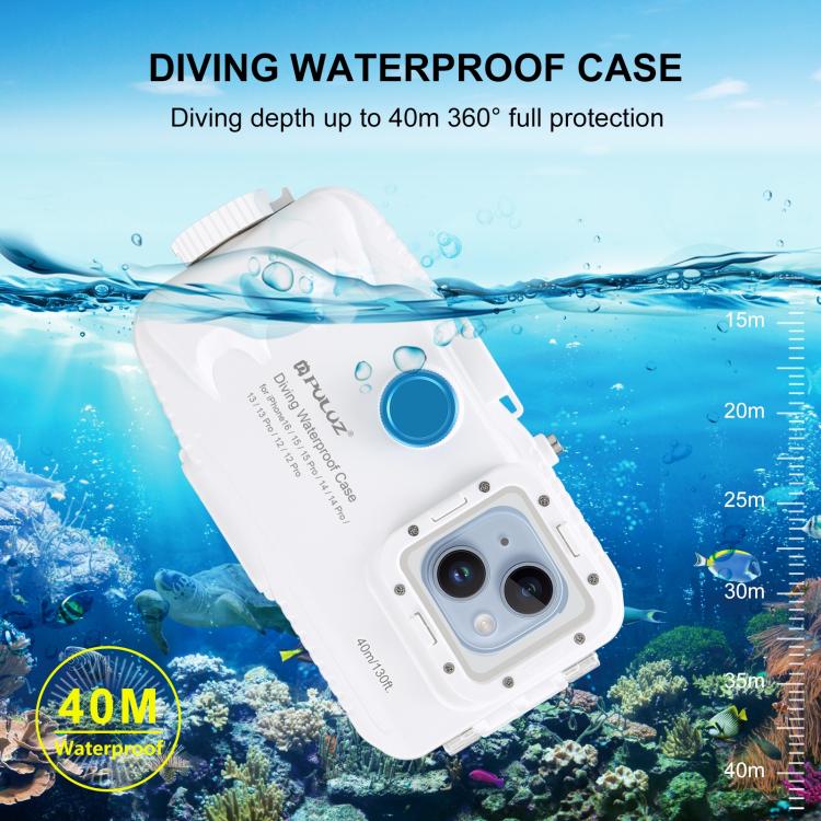 PULUZ Estuche de buceo impermeable de 40 m / 130 pies para iPhone 15 Pro / 14/14 Pro / 13/13 Pro / 12/12 Pro, con válvula unidireccional para tomar fotografías y videos cubierta de carcasa subacuática, For iPhone 16 / 15 / 15 Pro, For iPhone 14 / 14 Pro