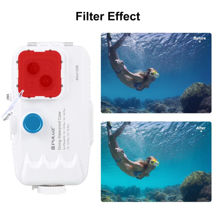 PULUZ Estuche de buceo impermeable de 40 m / 130 pies para iPhone 15 Pro / 14/14 Pro / 13/13 Pro / 12/12 Pro, con válvula unidireccional para tomar fotografías y videos cubierta de carcasa subacuática, For iPhone 16 / 15 / 15 Pro, For iPhone 14 / 14 Pro