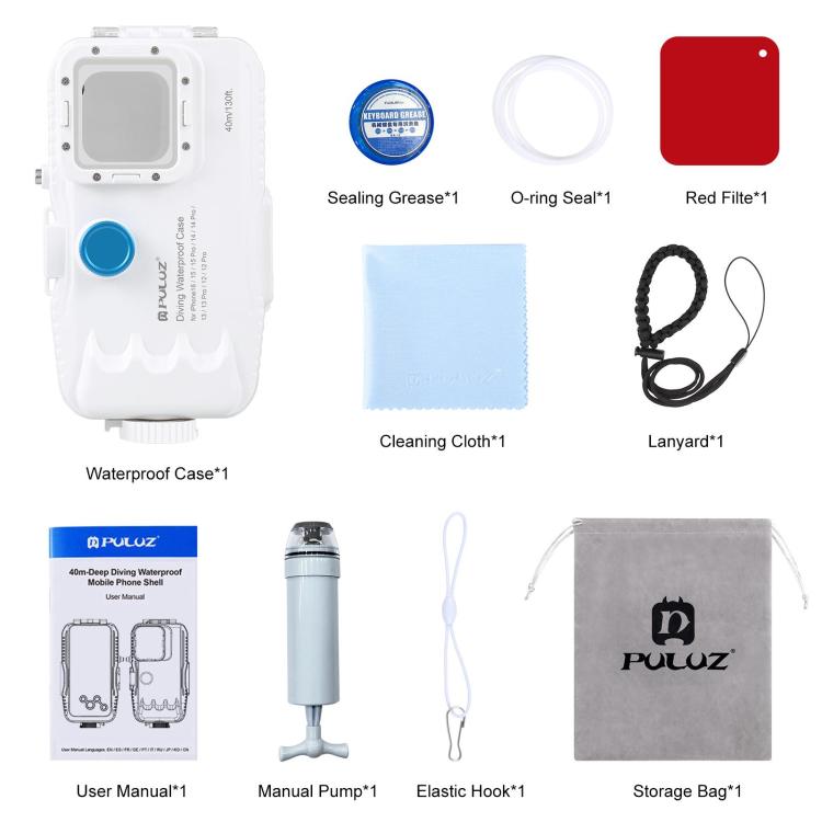 PULUZ Estuche de buceo impermeable de 40 m / 130 pies para iPhone 15 Pro / 14/14 Pro / 13/13 Pro / 12/12 Pro, con válvula unidireccional para tomar fotografías y videos cubierta de carcasa subacuática, For iPhone 16 / 15 / 15 Pro, For iPhone 14 / 14 Pro