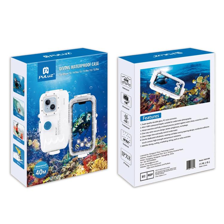 PULUZ Estuche de buceo impermeable de 40 m / 130 pies para iPhone 15 Pro / 14/14 Pro / 13/13 Pro / 12/12 Pro, con válvula unidireccional para tomar fotografías y videos cubierta de carcasa subacuática, For iPhone 16 / 15 / 15 Pro, For iPhone 14 / 14 Pro