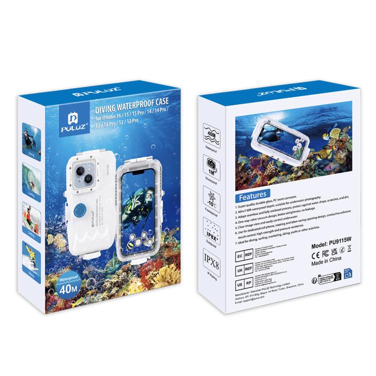 PULUZ Estuche de buceo impermeable de 40 m / 130 pies para iPhone 15 Pro / 14/14 Pro / 13/13 Pro / 12/12 Pro, con válvula unidireccional para tomar fotografías y videos cubierta de carcasa subacuática, For iPhone 16 / 15 / 15 Pro, For iPhone 14 / 14 Pro