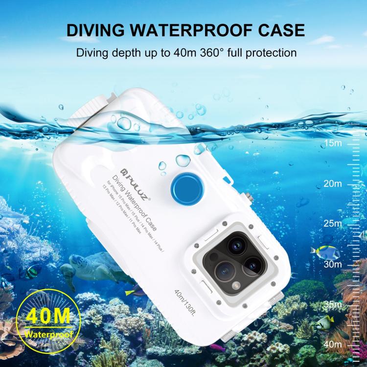 PULUZ Estuche de buceo impermeable de 40 m / 130 pies para iPhone 14 Plus / 14 Pro Max / 13 Pro Max / 12 Pro Max / 11 Pro Max, con válvula unidireccional para tomar fotografías y videos cubierta de carcasa subacuática                                   ...