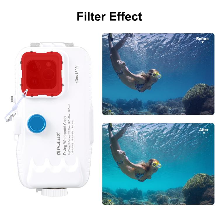 PULUZ Estuche de buceo impermeable de 40 m / 130 pies para iPhone 14 Plus / 14 Pro Max / 13 Pro Max / 12 Pro Max / 11 Pro Max, con válvula unidireccional para tomar fotografías y videos cubierta de carcasa subacuática                                   ...