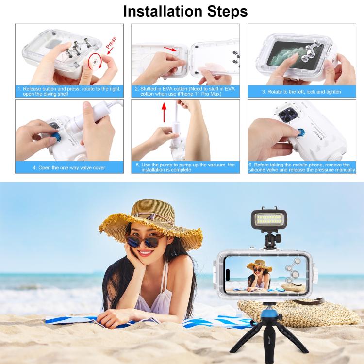 PULUZ Estuche de buceo impermeable de 40 m / 130 pies para iPhone 14 Plus / 14 Pro Max / 13 Pro Max / 12 Pro Max / 11 Pro Max, con válvula unidireccional para tomar fotografías y videos cubierta de carcasa subacuática                                   ...