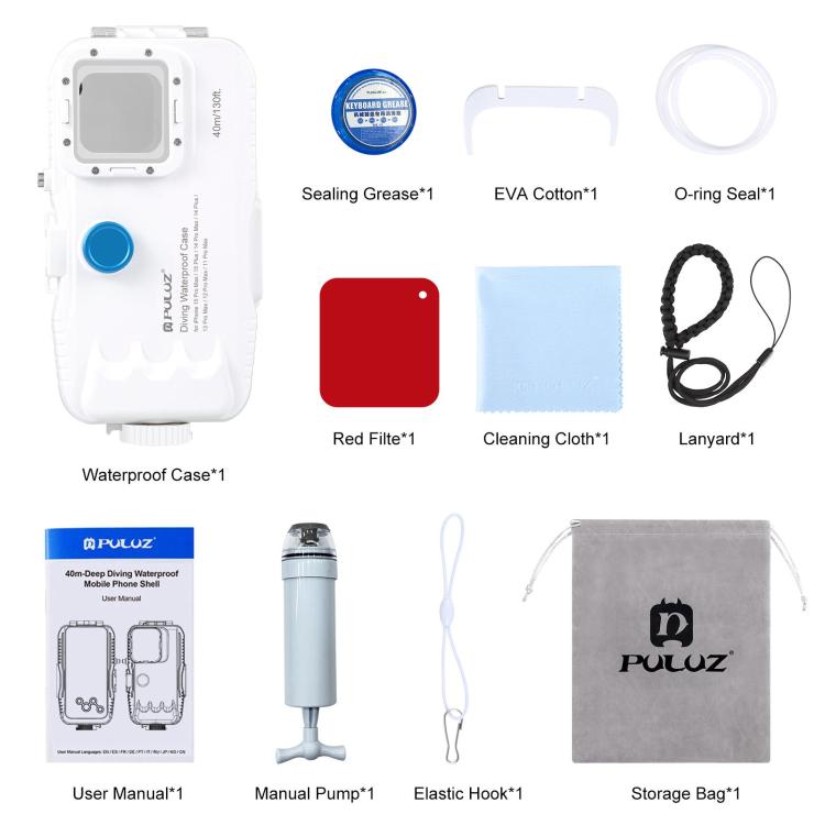 PULUZ Estuche de buceo impermeable de 40 m / 130 pies para iPhone 14 Plus / 14 Pro Max / 13 Pro Max / 12 Pro Max / 11 Pro Max, con válvula unidireccional para tomar fotografías y videos cubierta de carcasa subacuática                                   ...