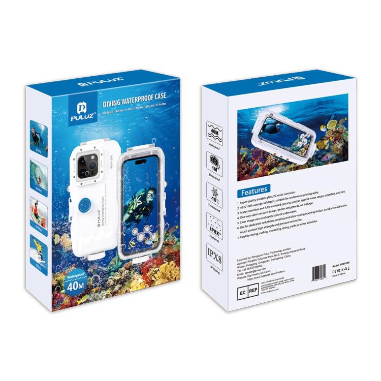 PULUZ Estuche de buceo impermeable de 40 m / 130 pies para iPhone 14 Plus / 14 Pro Max / 13 Pro Max / 12 Pro Max / 11 Pro Max, con válvula unidireccional para tomar fotografías y videos cubierta de carcasa subacuática                                   ...