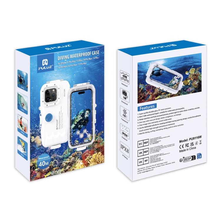 PULUZ Estuche de buceo impermeable de 40 m / 130 pies para iPhone 14 Plus / 14 Pro Max / 13 Pro Max / 12 Pro Max / 11 Pro Max, con válvula unidireccional para tomar fotografías y videos cubierta de carcasa subacuática                                   ...