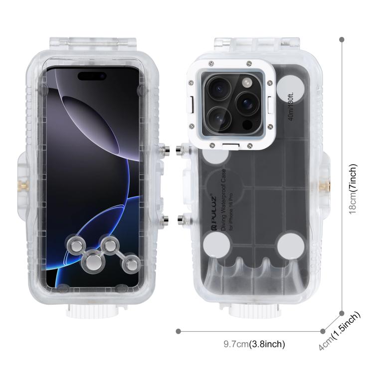 Funda impermeable para buceo PULUZ de 40 m/130 pies para iPhone 16 Pro, para tomar fotos y videos bajo el agua., For iPhone 16 Pro(Transparent)
