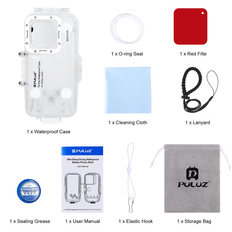 Funda impermeable para buceo PULUZ de 40 m/130 pies para iPhone 16 Pro, para tomar fotos y videos bajo el agua., For iPhone 16 Pro(Transparent)