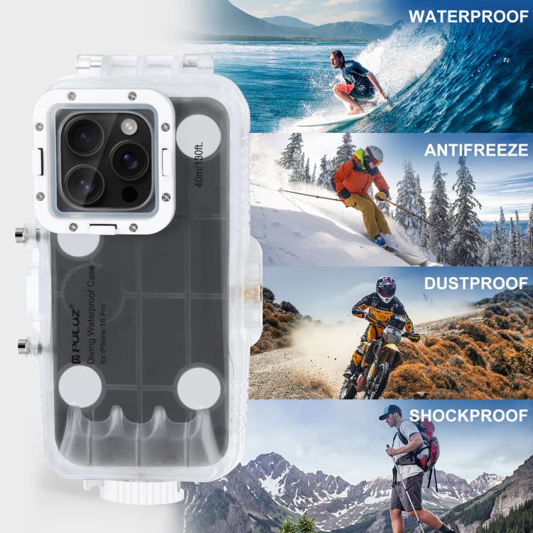 Funda impermeable para buceo PULUZ de 40 m/130 pies para iPhone 16 Pro, para tomar fotos y videos bajo el agua., For iPhone 16 Pro(Transparent)