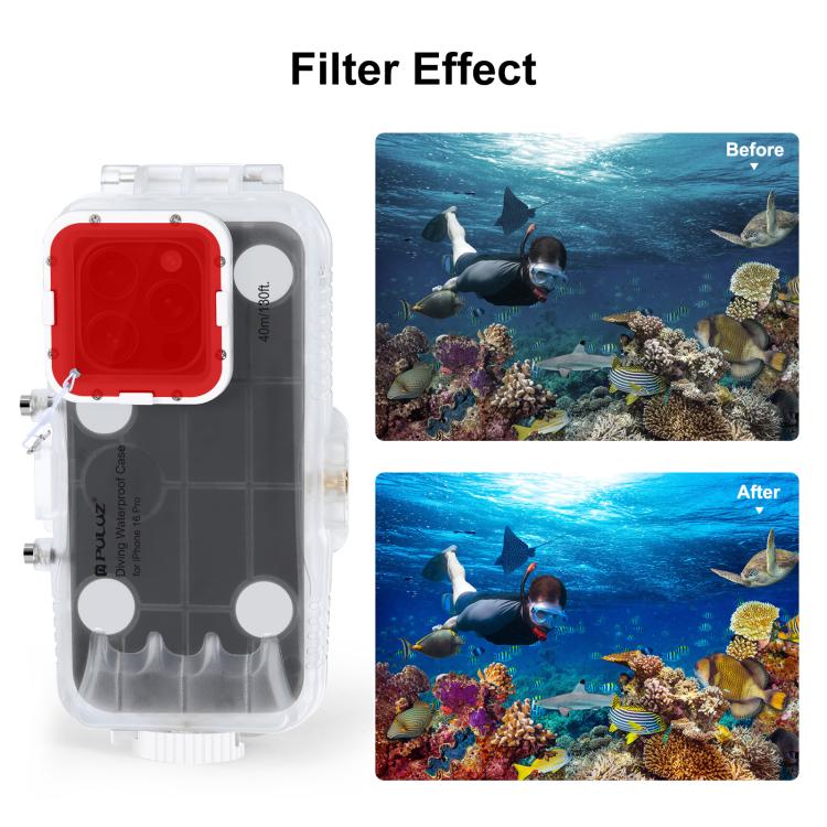 Funda impermeable para buceo PULUZ de 40 m/130 pies para iPhone 16 Pro, para tomar fotos y videos bajo el agua., For iPhone 16 Pro(Transparent)