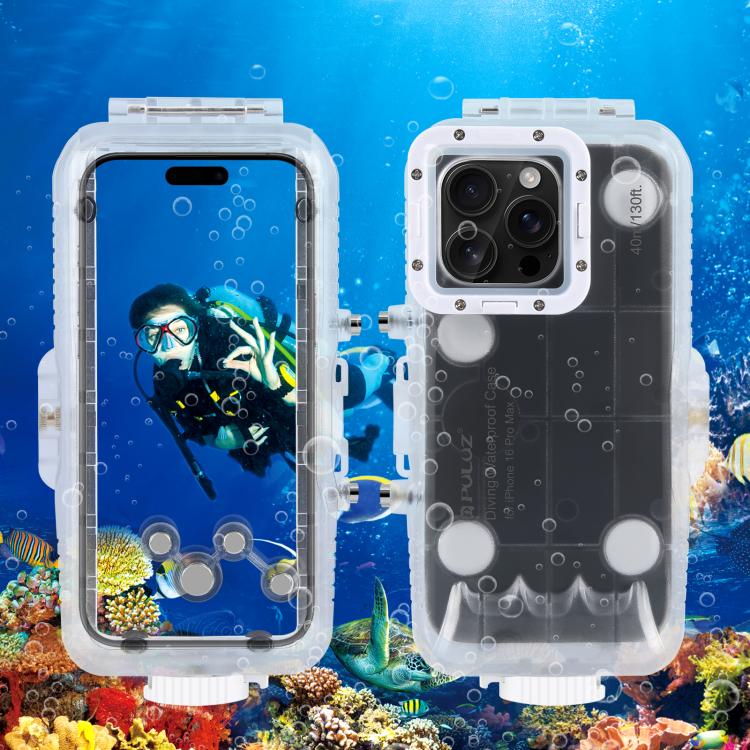 Funda impermeable para buceo PULUZ de 40 m/130 pies con válvula unidireccional para iPhone 16 Pro Max. Carcasa sumergible para fotos y vídeos., For iPhone 16 Pro Max (White), For iPhone 16 Pro Max (Transparent)
