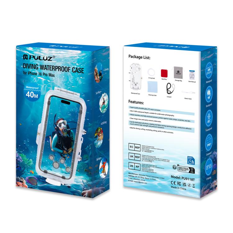 Funda impermeable para buceo PULUZ de 40 m/130 pies con válvula unidireccional para iPhone 16 Pro Max. Carcasa sumergible para fotos y vídeos., For iPhone 16 Pro Max (White), For iPhone 16 Pro Max (Transparent)
