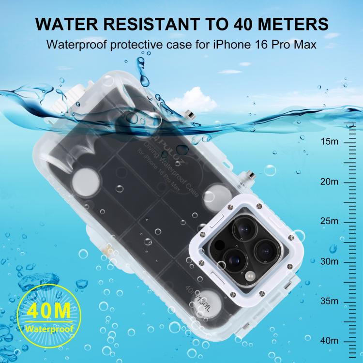 Funda impermeable para buceo PULUZ de 40 m/130 pies con válvula unidireccional para iPhone 16 Pro Max. Carcasa sumergible para fotos y vídeos., For iPhone 16 Pro Max (White), For iPhone 16 Pro Max (Transparent)
