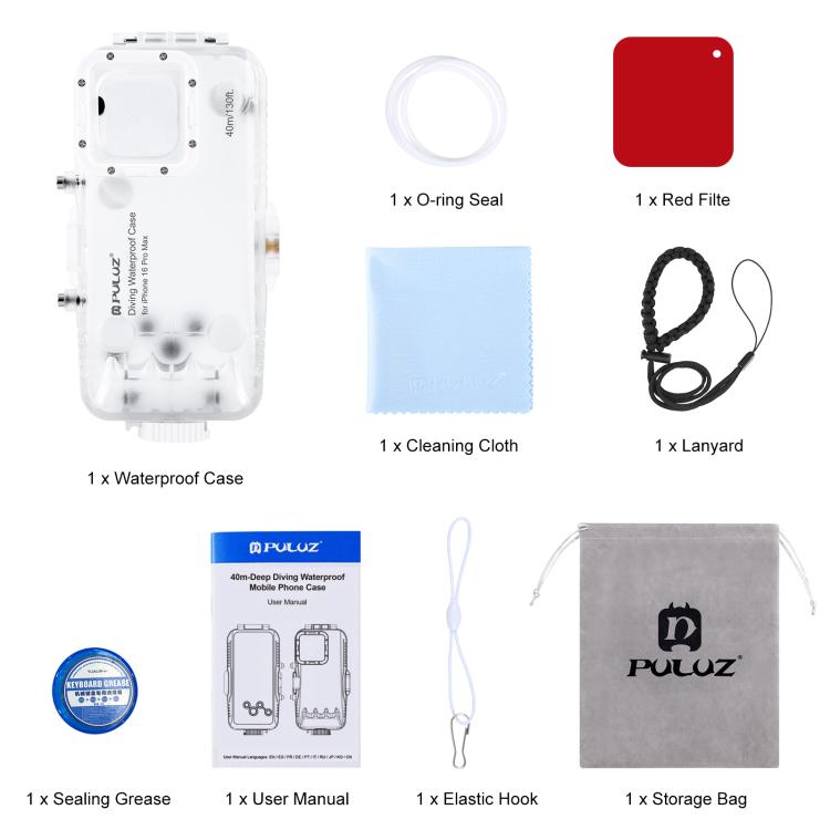 Funda impermeable para buceo PULUZ de 40 m/130 pies con válvula unidireccional para iPhone 16 Pro Max. Carcasa sumergible para fotos y vídeos., For iPhone 16 Pro Max (White), For iPhone 16 Pro Max (Transparent)
