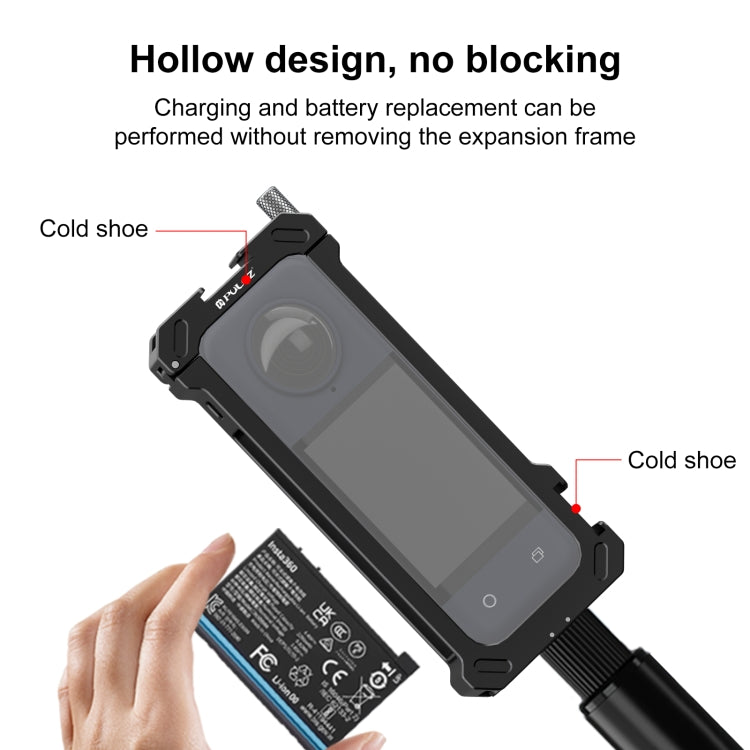 Para Insta360 X4 PULUZ marco de carcasa protectora de Metal con Base de zapata fría expandible y adaptador de trípode, Cold Shoe Metal Cage