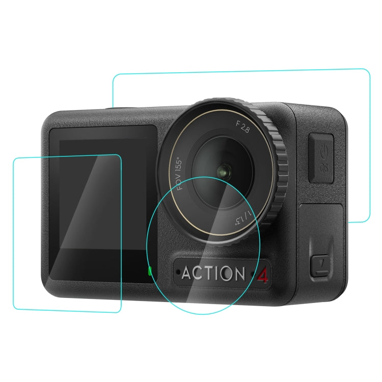 Para DJI Osmo Action 4 PULUZ Lente 3 en 1 Pantalla frontal y trasera Vidrio templado Película a prueba de explosiones, For DJI Osmo Action 4