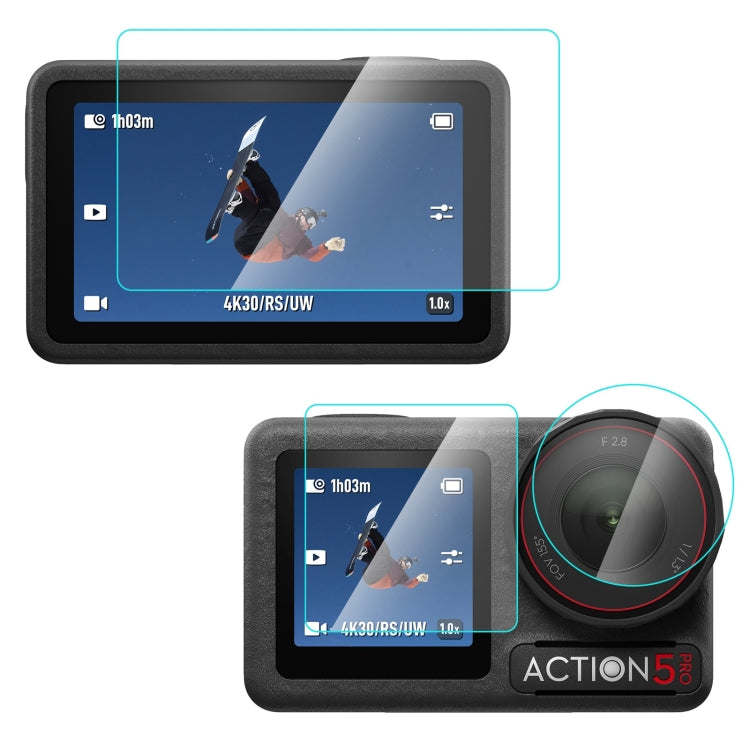 Para DJI Osmo Action 5 Pro PULUZ Lente 3 en 1 Pantalla frontal y trasera Vidrio templado Película a prueba de explosiones
