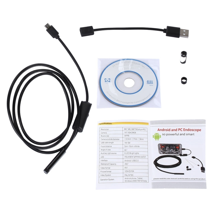 Cámara de inspección de tubo de serpiente con endoscopio micro USB a prueba de agua con 6 LED para teléfono Android OTG, longitud: 1 m, diámetro de lente: 7 mm, 7mm