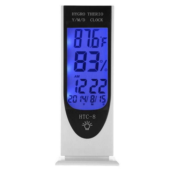 HTC-8 Luminoso LCD Digital LED Luz Nocturna Termómetro Retroiluminación Higrómetro Medidor de Humedad, con Alarma/Fecha/Reloj/Calendario, HTC-8