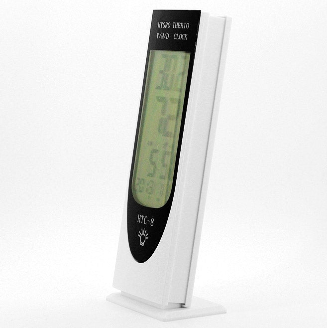 HTC-8 Luminoso LCD Digital LED Luz Nocturna Termómetro Retroiluminación Higrómetro Medidor de Humedad, con Alarma/Fecha/Reloj/Calendario, HTC-8