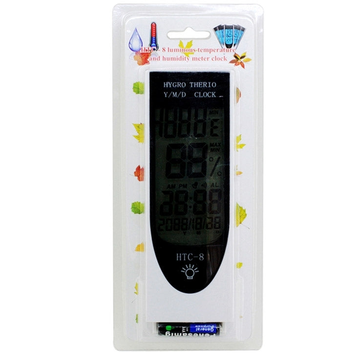 HTC-8 Luminoso LCD Digital LED Luz Nocturna Termómetro Retroiluminación Higrómetro Medidor de Humedad, con Alarma/Fecha/Reloj/Calendario, HTC-8